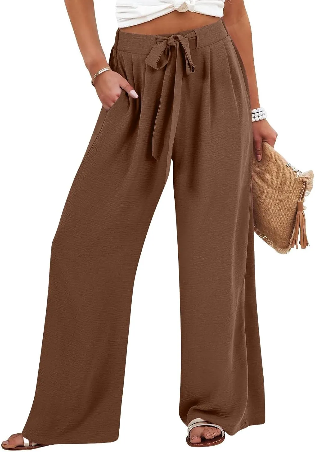 Women's Linen Palazzo Pants High Waist Wide Leg Flowy Pants Summer Beach Vacation Clothes Casual Loose Fit Outfits