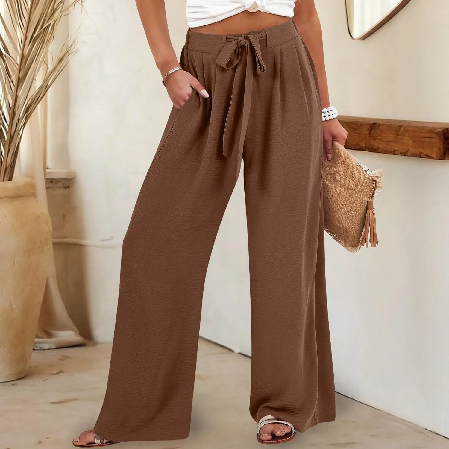 Women's Linen Palazzo Pants High Waist Wide Leg Flowy Pants Summer Beach Vacation Clothes Casual Loose Fit Outfits