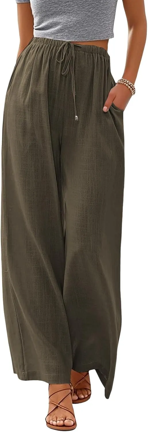 Women's Linen Summer Palazzo Pants Flowy Wide Leg Beach Pants with Pockets