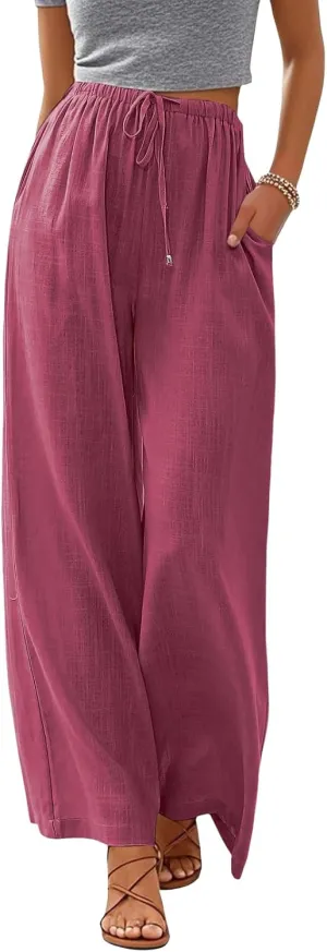 Women's Linen Summer Palazzo Pants Flowy Wide Leg Beach Pants with Pockets