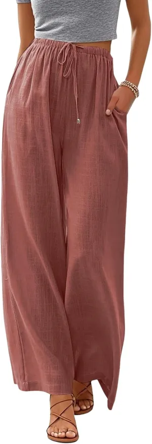 Women's Linen Summer Palazzo Pants Flowy Wide Leg Beach Pants with Pockets