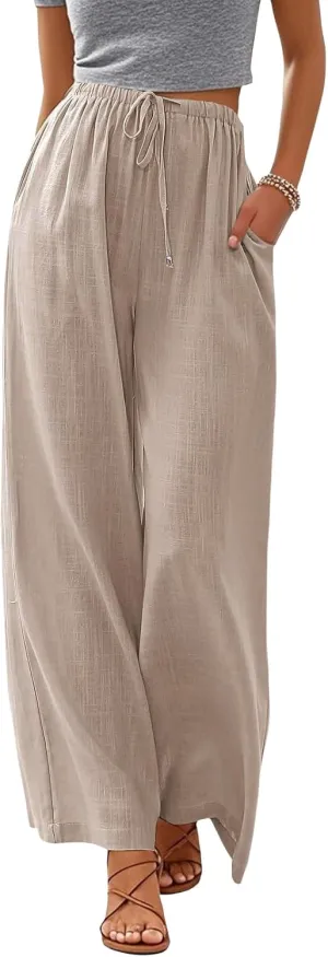 Women's Linen Summer Palazzo Pants Flowy Wide Leg Beach Pants with Pockets
