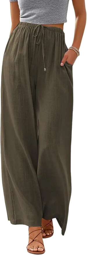 Women's Linen Summer Palazzo Pants Flowy Wide Leg Beach Pants with Pockets