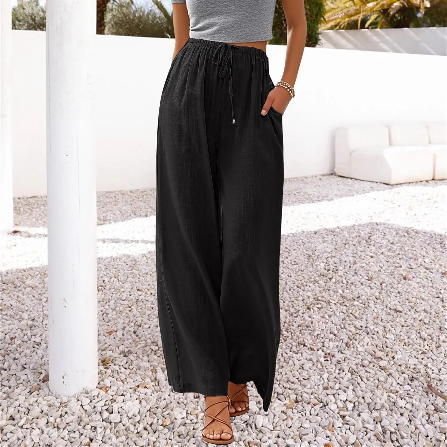 Women's Linen Summer Palazzo Pants Flowy Wide Leg Beach Pants with Pockets
