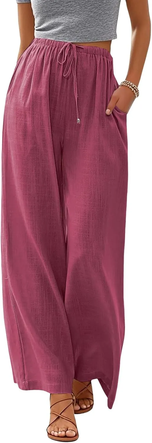 Women's Linen Summer Palazzo Pants Flowy Wide Leg Beach Pants with Pockets