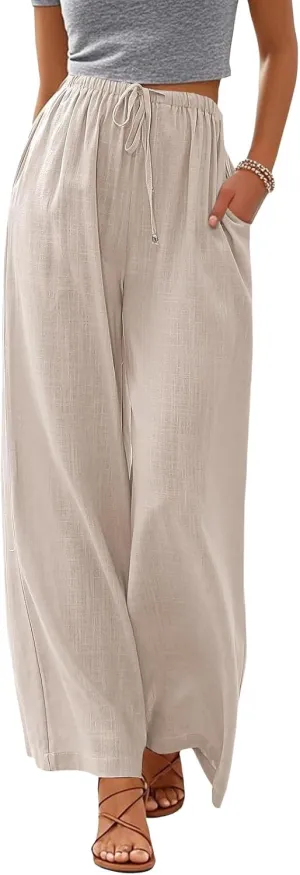 Women's Linen Summer Palazzo Pants Flowy Wide Leg Beach Pants with Pockets