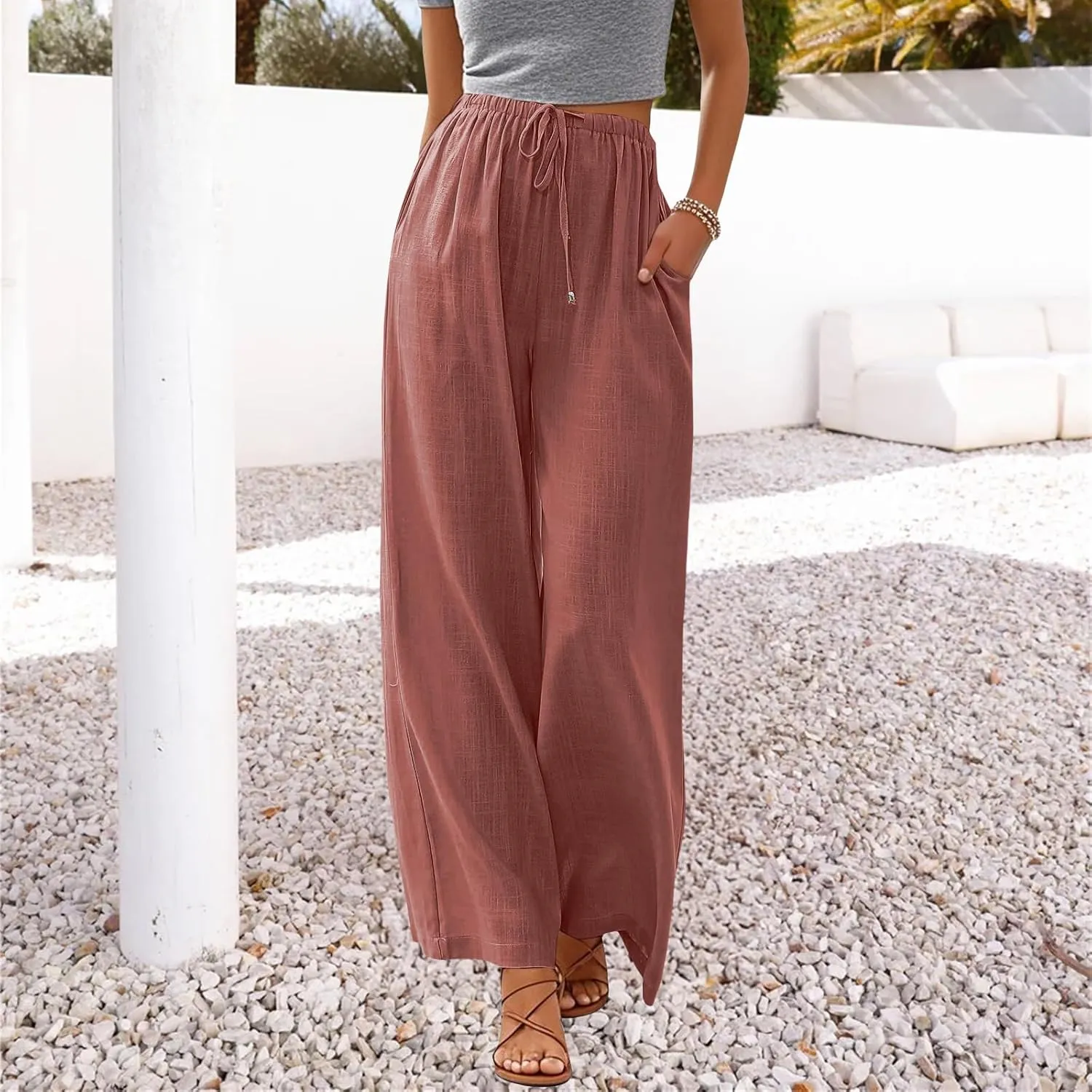 Women's Linen Summer Palazzo Pants Flowy Wide Leg Beach Pants with Pockets