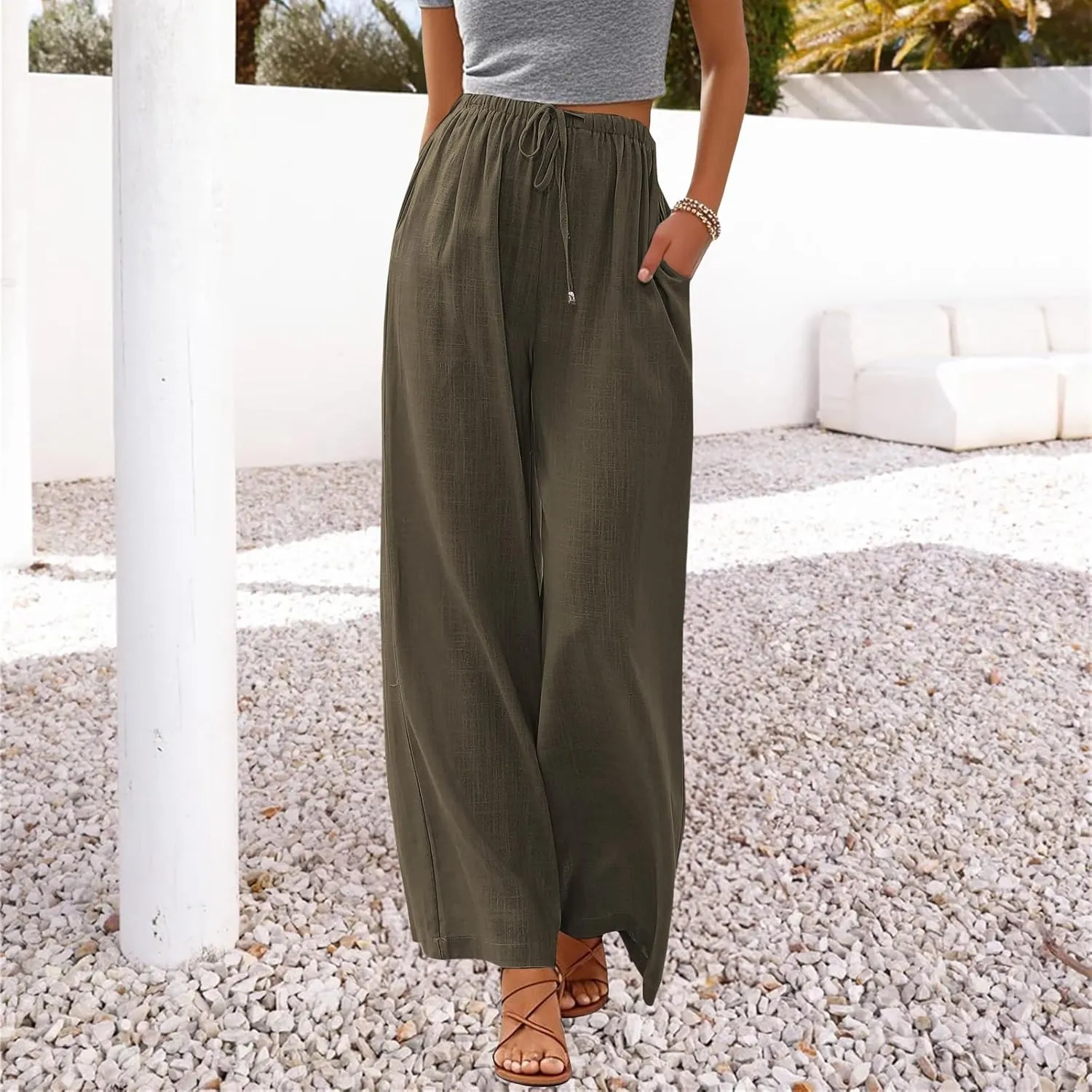Women's Linen Summer Palazzo Pants Flowy Wide Leg Beach Pants with Pockets
