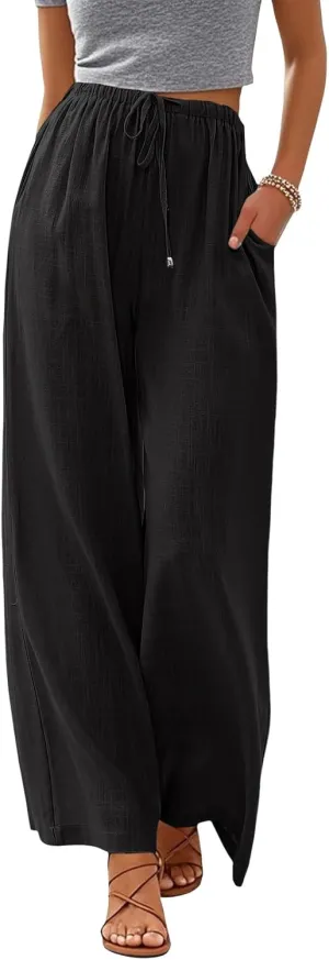 Women's Linen Summer Palazzo Pants Flowy Wide Leg Beach Pants with Pockets