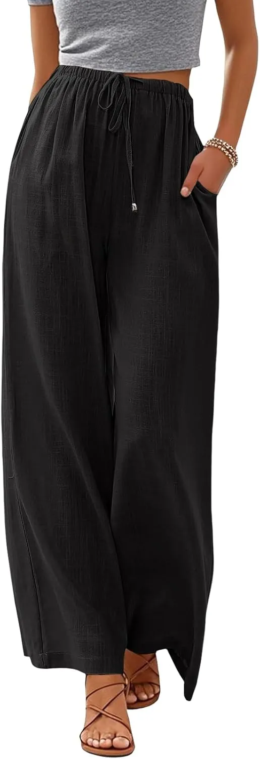 Women's Linen Summer Palazzo Pants Flowy Wide Leg Beach Pants with Pockets