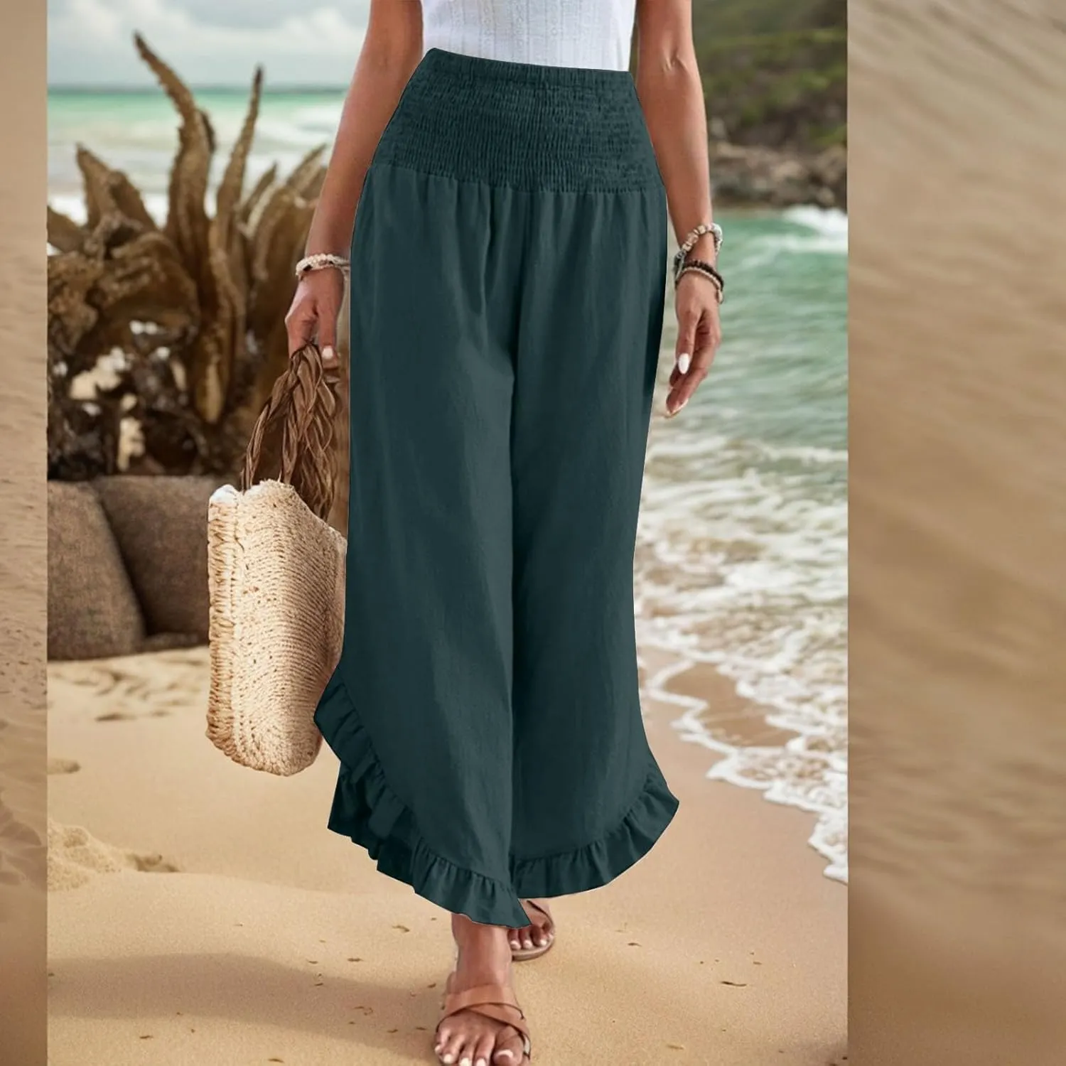 Women's Loose Linen Pants Casual Straight Leg Drawstring Elastic Waist Loose Comfy Trousers with Pockets