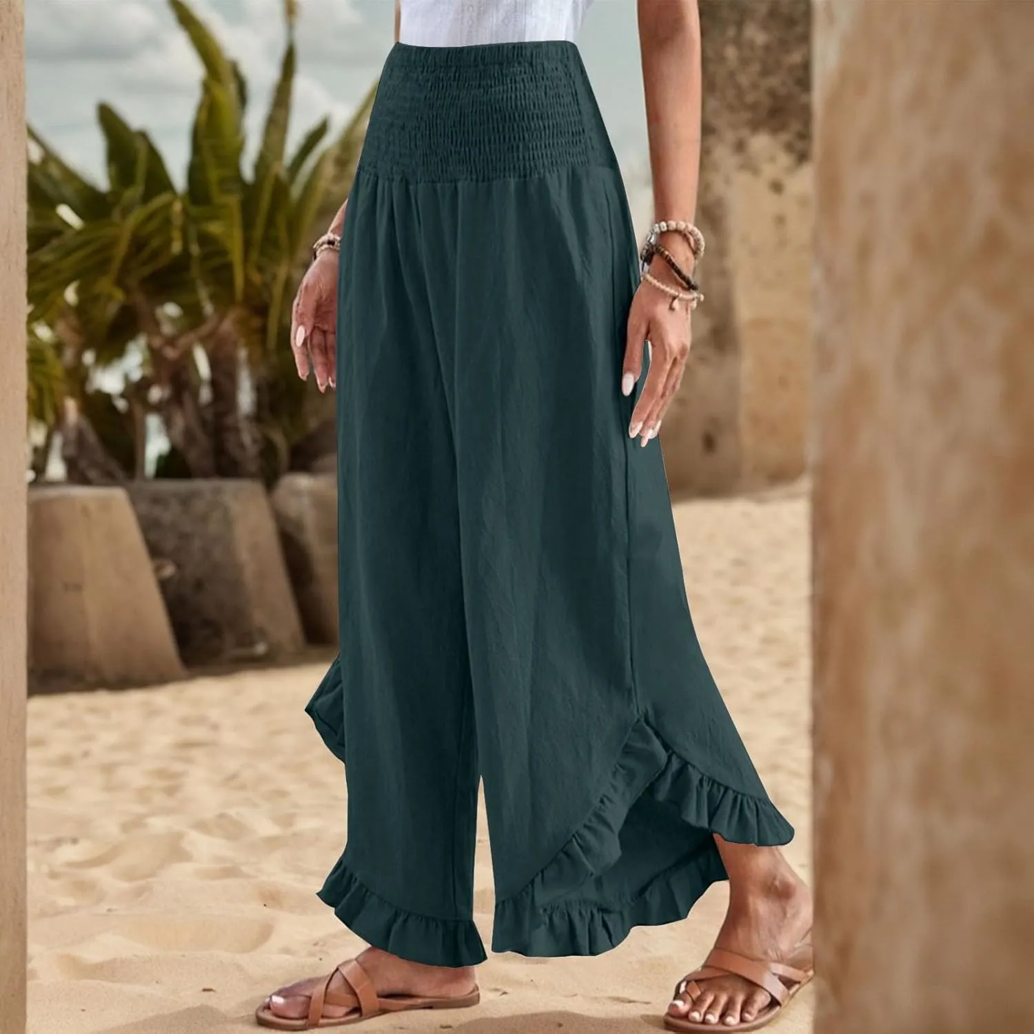 Women's Loose Linen Pants Casual Straight Leg Drawstring Elastic Waist Loose Comfy Trousers with Pockets