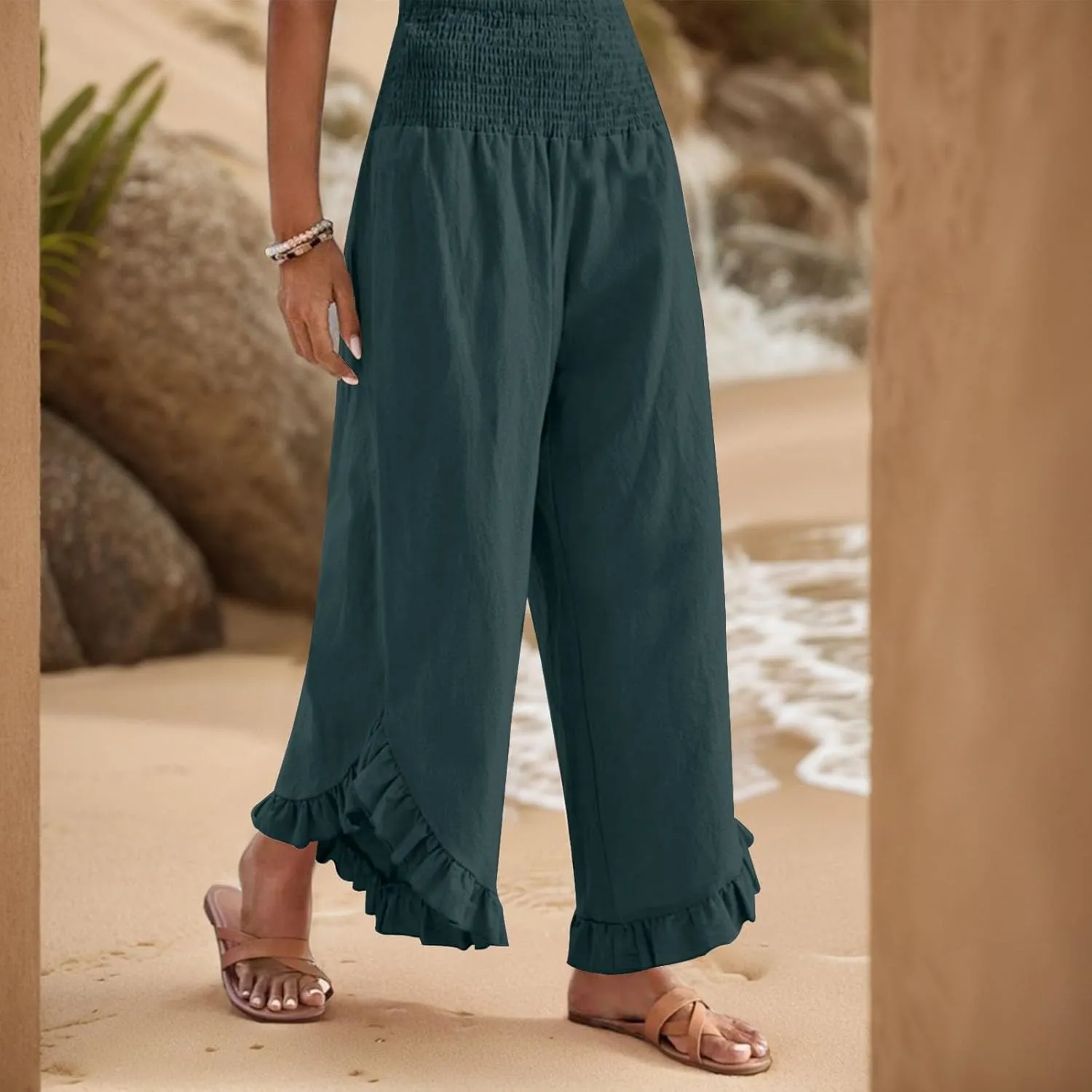 Women's Loose Linen Pants Casual Straight Leg Drawstring Elastic Waist Loose Comfy Trousers with Pockets