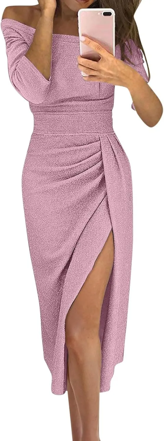Women's Maxi Dresses 2025 Sexy Elegant Trendy Cold Shoulder Sequins Split Slim Bodycon Prom Cocktail