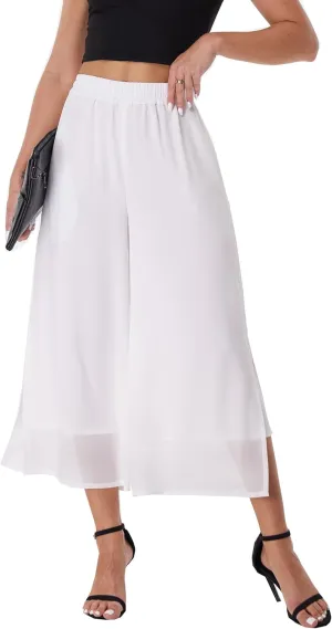 Women's Summer Capris Wide Leg Palazzo Pants Dressy Casual Split Chiffon Trousers