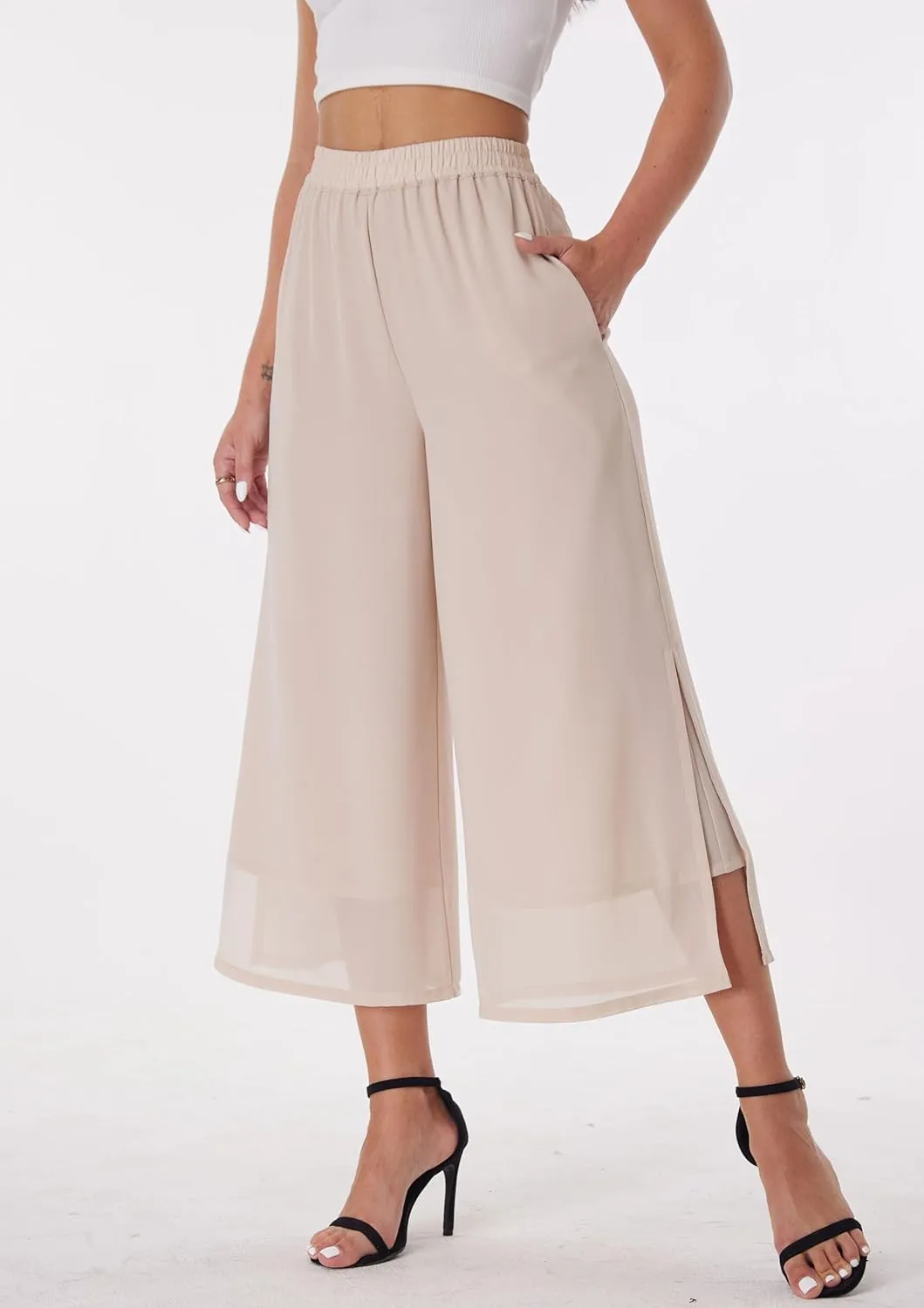 Women's Summer Capris Wide Leg Palazzo Pants Dressy Casual Split Chiffon Trousers