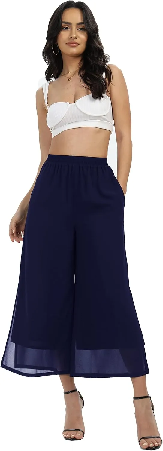 Women's Summer Capris Wide Leg Palazzo Pants Dressy Casual Split Chiffon Trousers