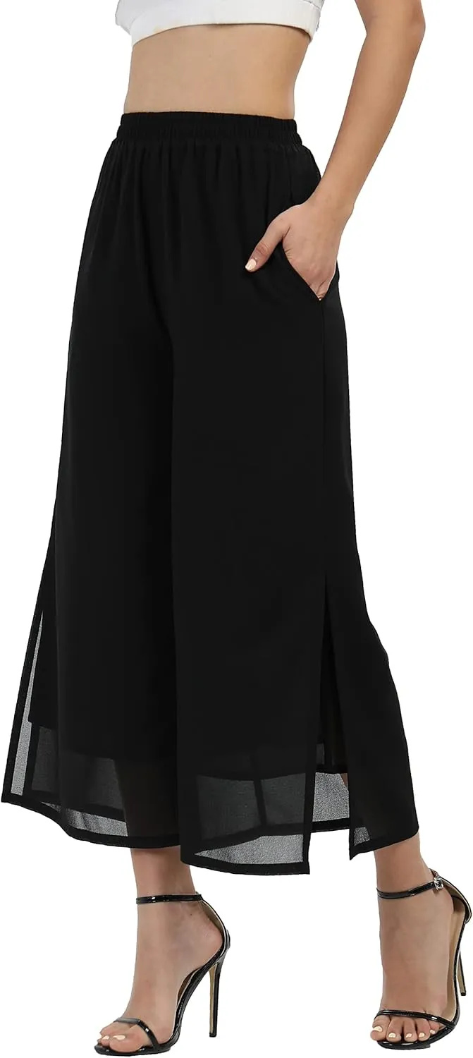Women's Summer Capris Wide Leg Palazzo Pants Dressy Casual Split Chiffon Trousers