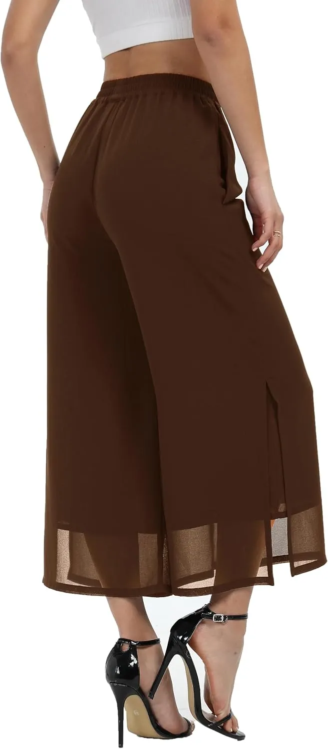 Women's Summer Capris Wide Leg Palazzo Pants Dressy Casual Split Chiffon Trousers