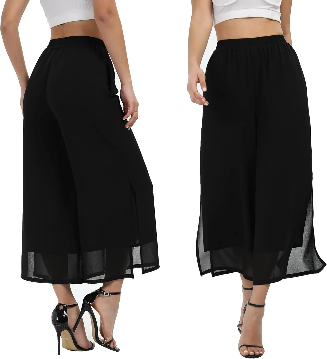 Women's Summer Capris Wide Leg Palazzo Pants Dressy Casual Split Chiffon Trousers