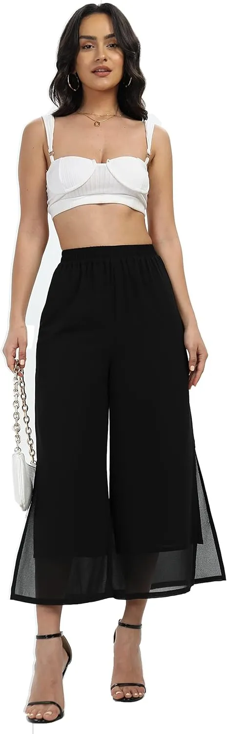 Women's Summer Capris Wide Leg Palazzo Pants Dressy Casual Split Chiffon Trousers