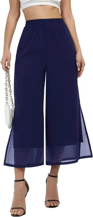 Women's Summer Capris Wide Leg Palazzo Pants Dressy Casual Split Chiffon Trousers