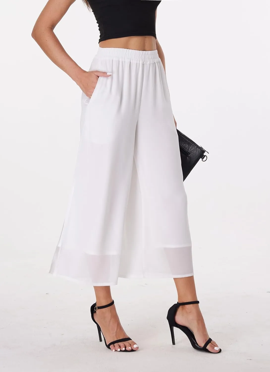 Women's Summer Capris Wide Leg Palazzo Pants Dressy Casual Split Chiffon Trousers