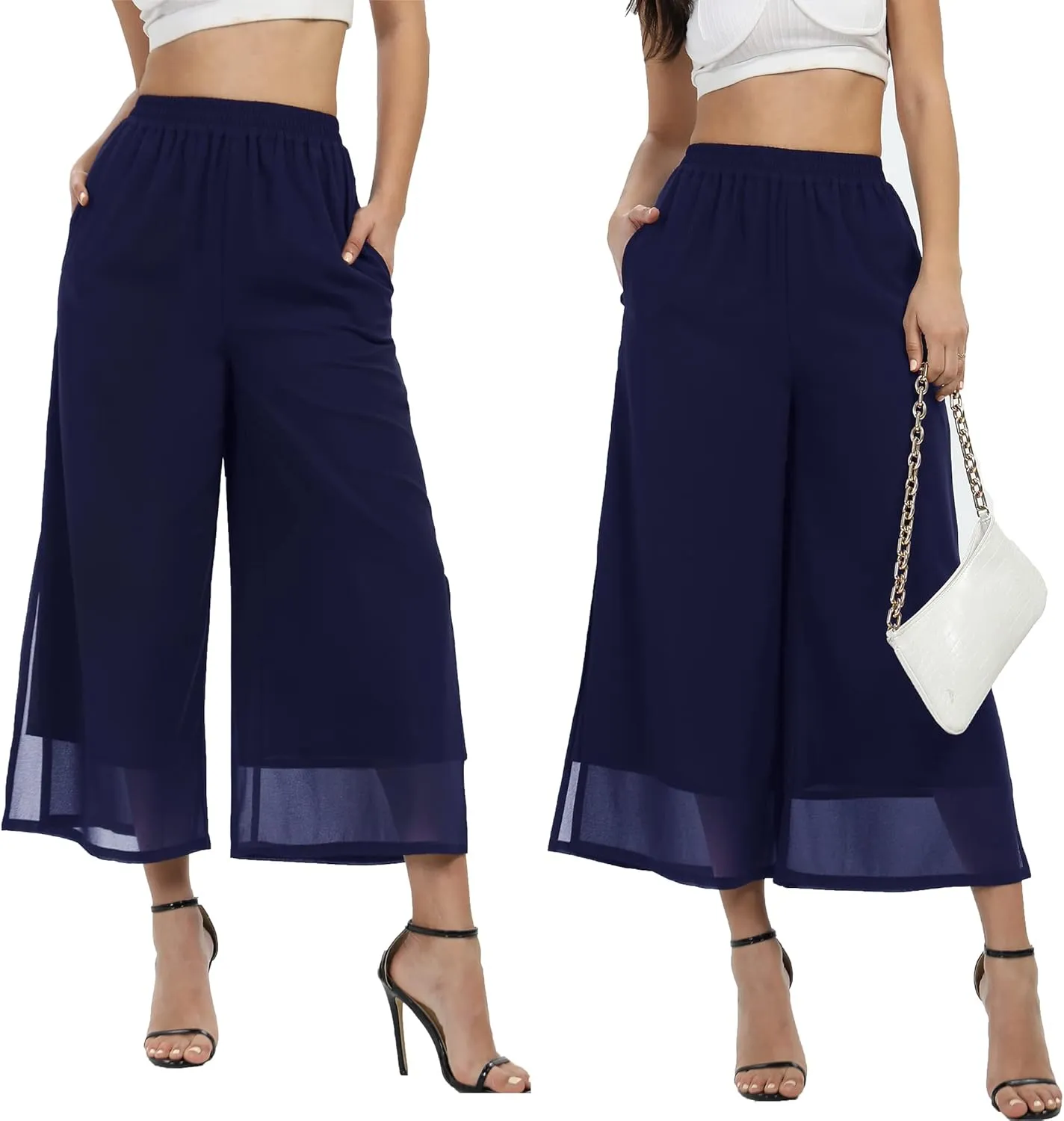 Women's Summer Capris Wide Leg Palazzo Pants Dressy Casual Split Chiffon Trousers