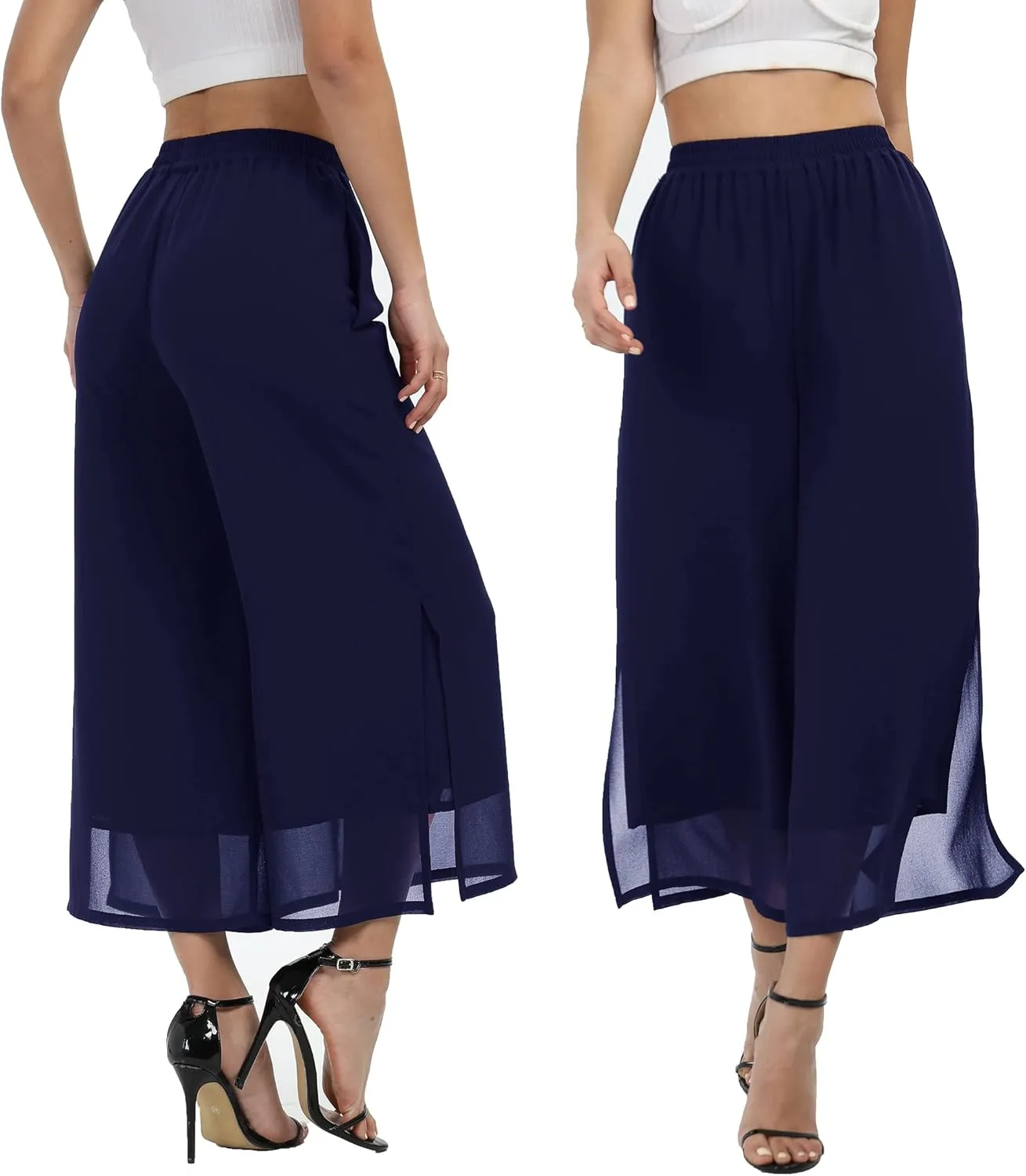 Women's Summer Capris Wide Leg Palazzo Pants Dressy Casual Split Chiffon Trousers