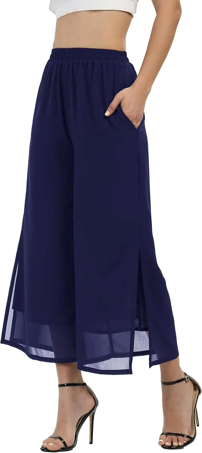 Women's Summer Capris Wide Leg Palazzo Pants Dressy Casual Split Chiffon Trousers