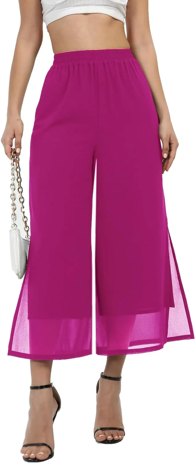 Women's Summer Capris Wide Leg Palazzo Pants Dressy Casual Split Chiffon Trousers