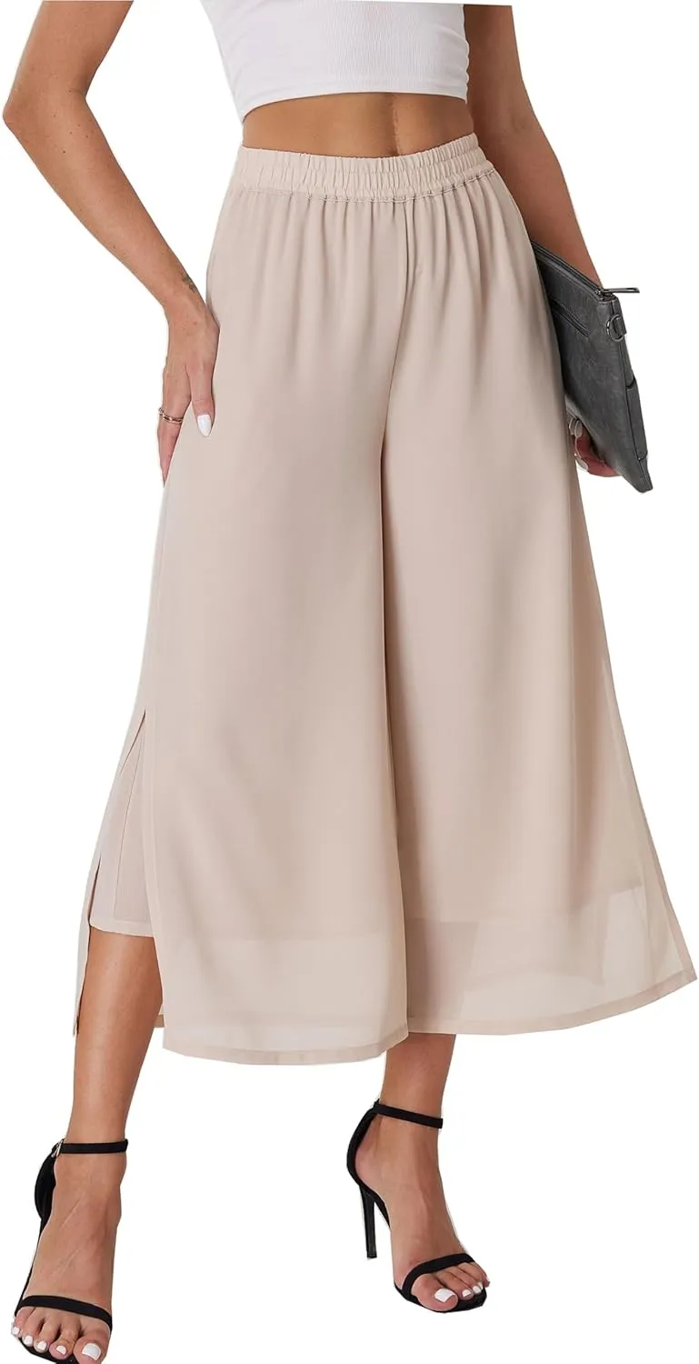 Women's Summer Capris Wide Leg Palazzo Pants Dressy Casual Split Chiffon Trousers