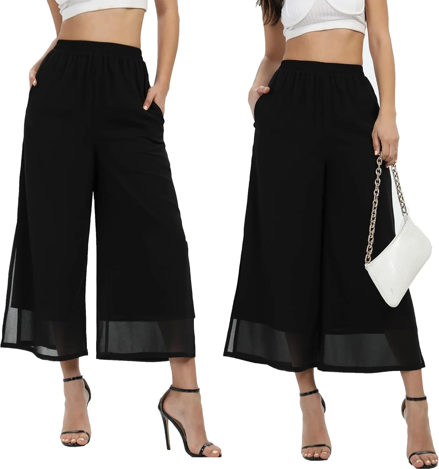 Women's Summer Capris Wide Leg Palazzo Pants Dressy Casual Split Chiffon Trousers