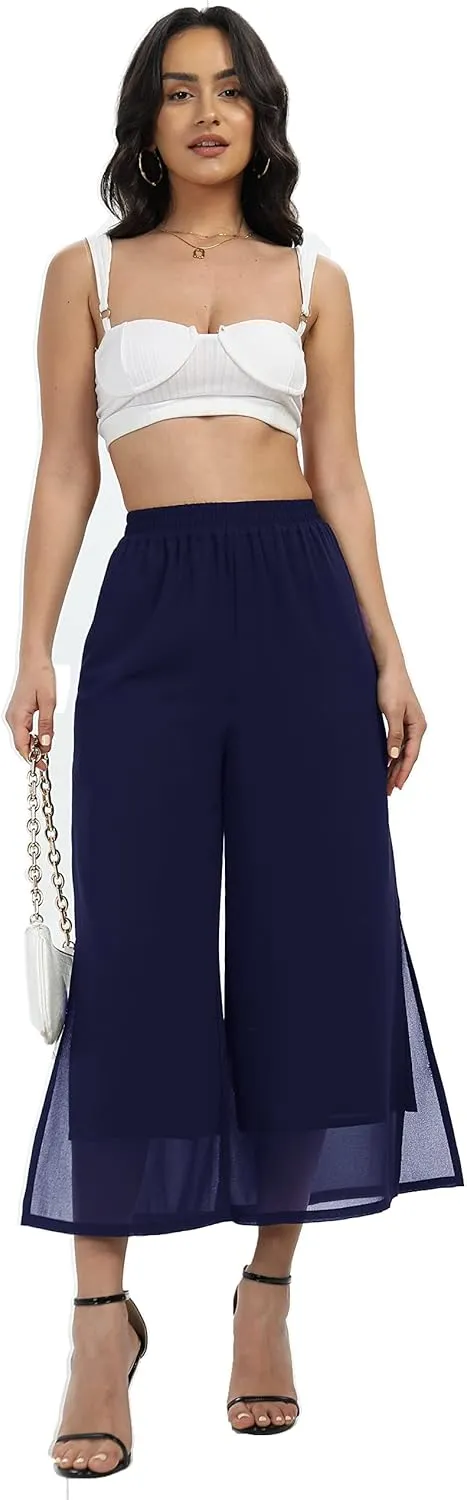 Women's Summer Capris Wide Leg Palazzo Pants Dressy Casual Split Chiffon Trousers