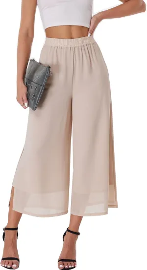 Women's Summer Capris Wide Leg Palazzo Pants Dressy Casual Split Chiffon Trousers