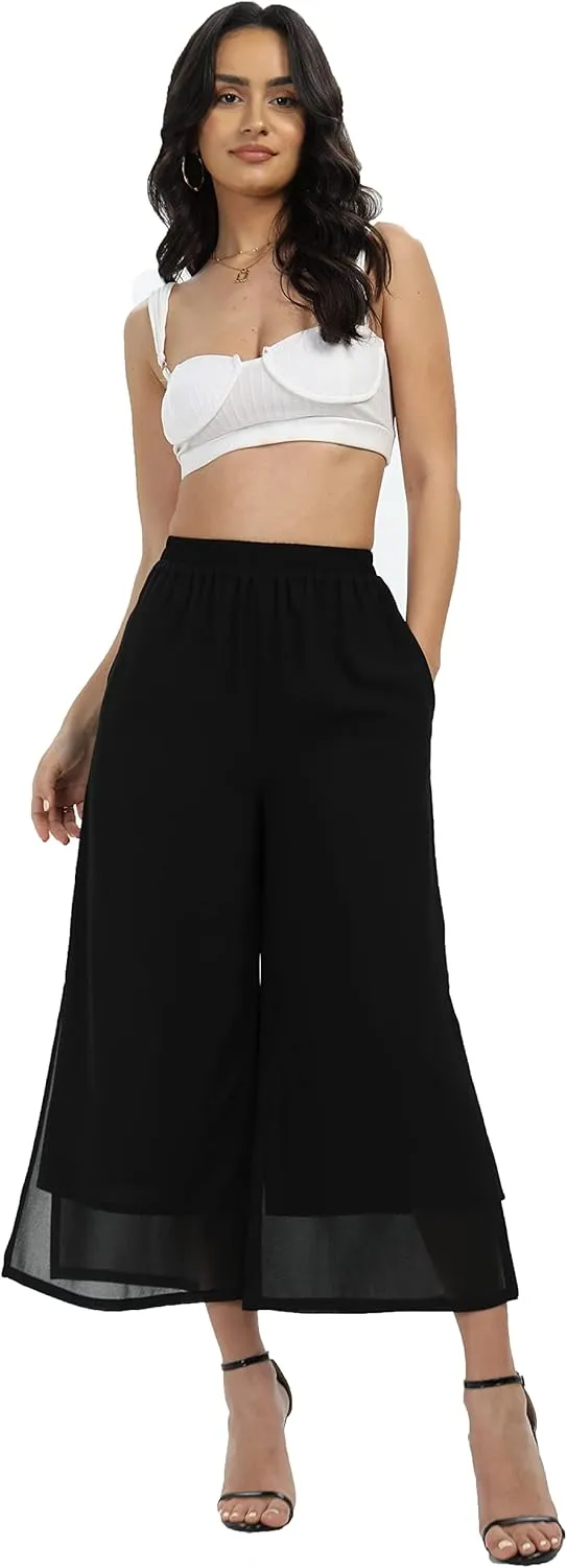 Women's Summer Capris Wide Leg Palazzo Pants Dressy Casual Split Chiffon Trousers