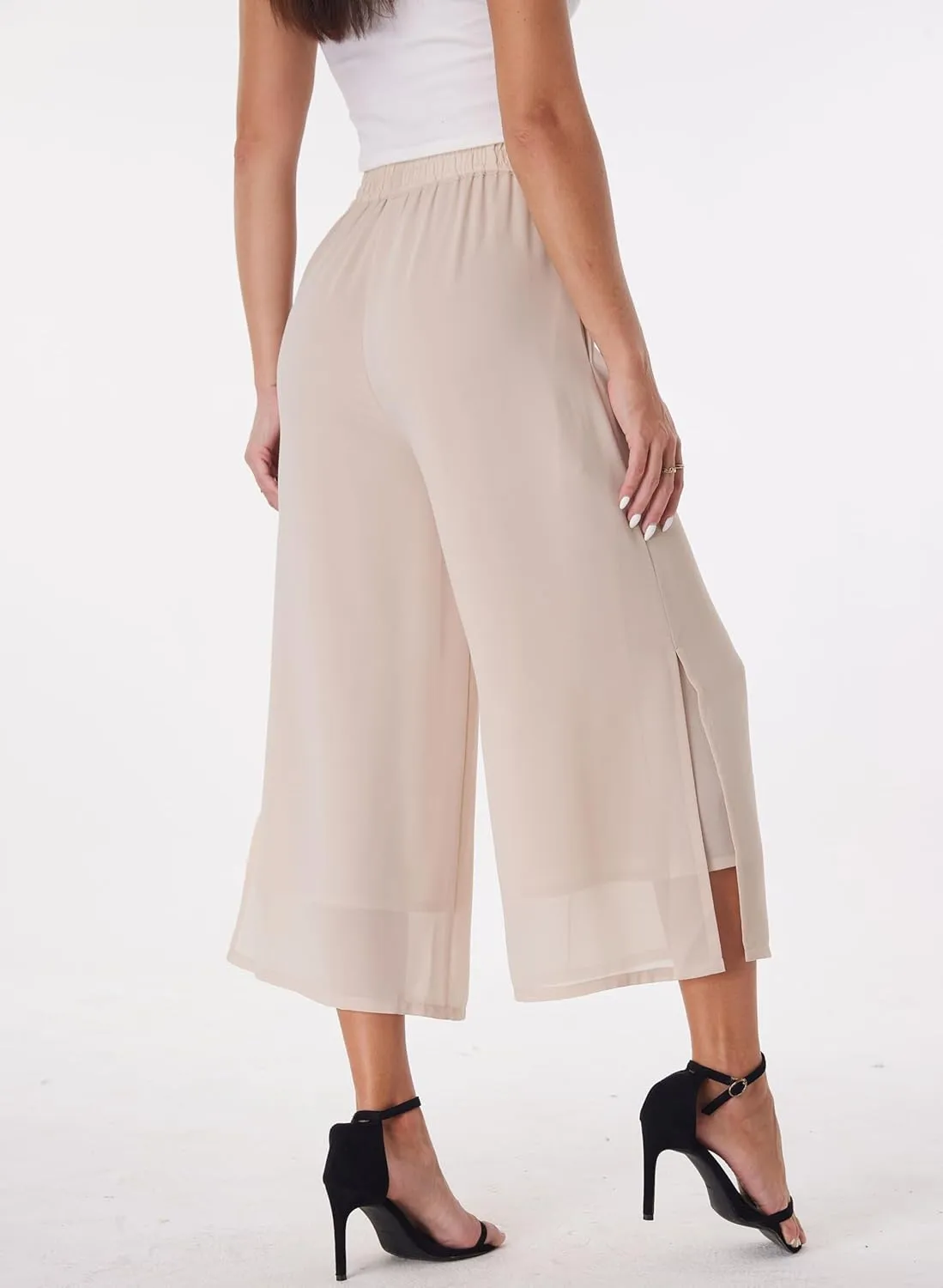 Women's Summer Capris Wide Leg Palazzo Pants Dressy Casual Split Chiffon Trousers