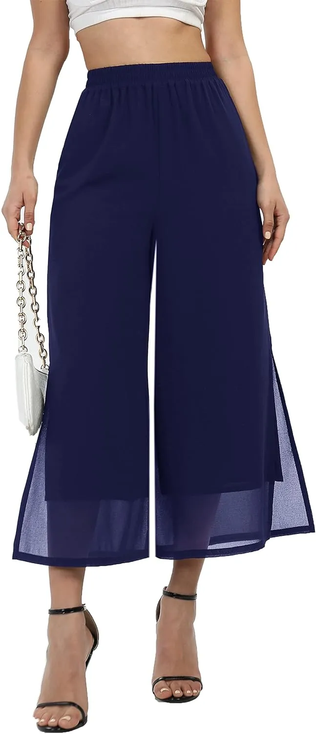 Women's Summer Capris Wide Leg Palazzo Pants Dressy Casual Split Chiffon Trousers