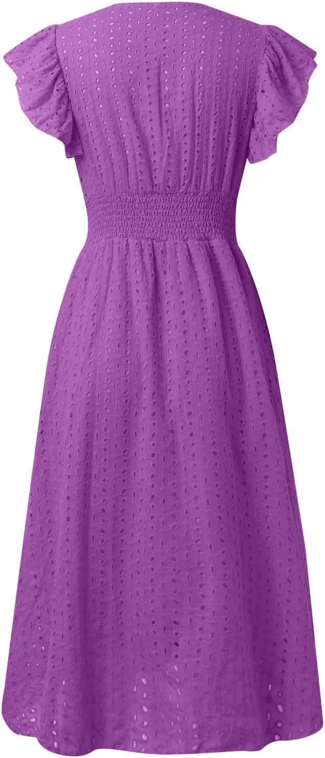 Women's Summer Dresses Sexy Eyelet Lace Embroidery Smocked Dress Flutter Sleeve Midi Long Beach Vacation Sundress