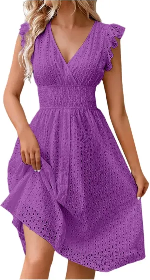 Women's Summer Dresses Sexy Eyelet Lace Embroidery Smocked Dress Flutter Sleeve Midi Long Beach Vacation Sundress