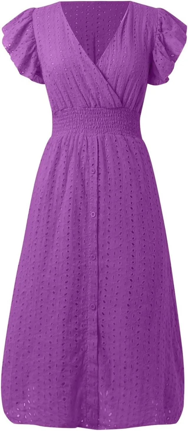 Women's Summer Dresses Sexy Eyelet Lace Embroidery Smocked Dress Flutter Sleeve Midi Long Beach Vacation Sundress
