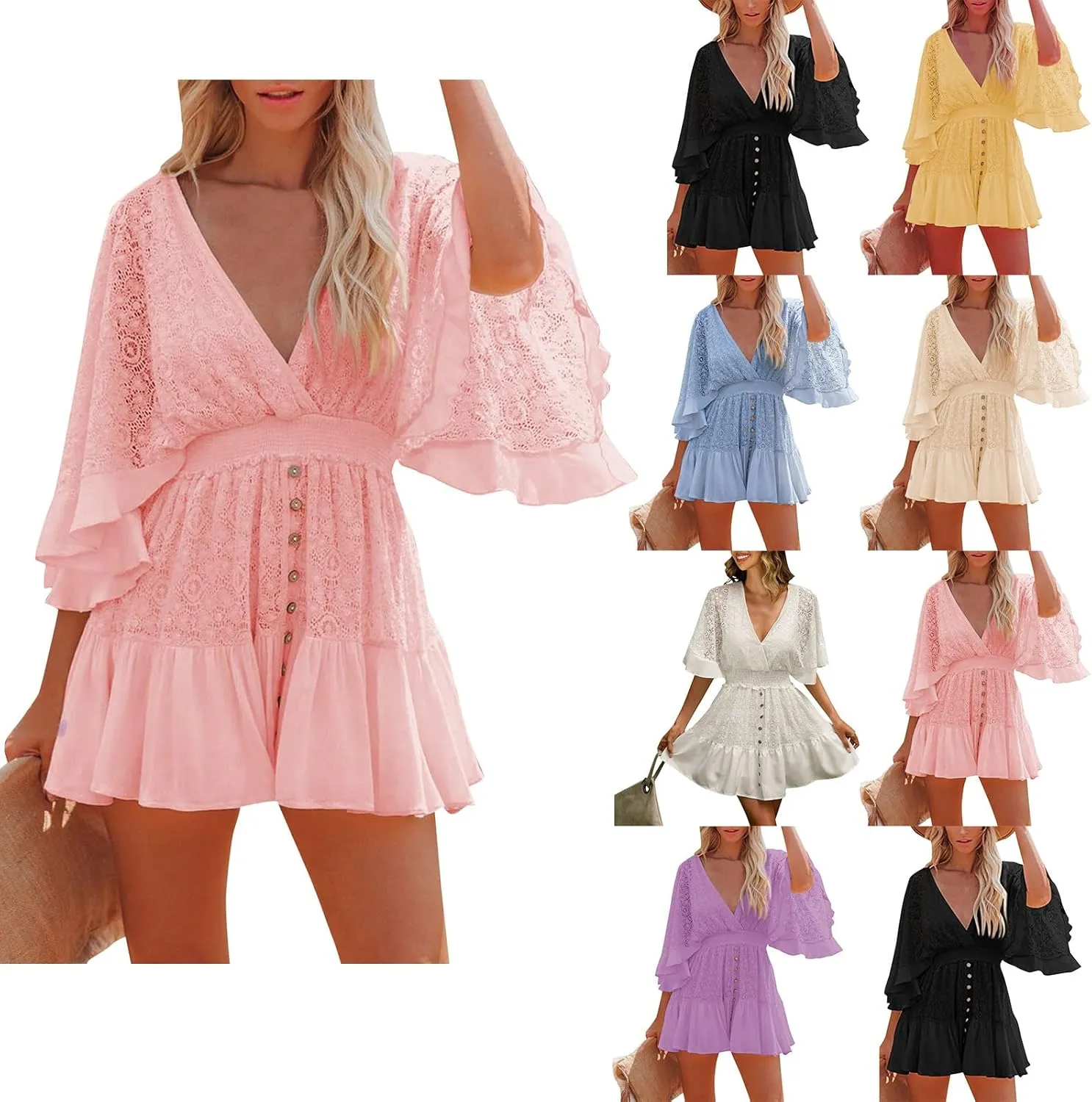 Women's Summer Sexy Elegant Trendy V-Neck Short Sleeve Lace Solid Color Prom Party Cocktail Mini Dresses, S-2XL