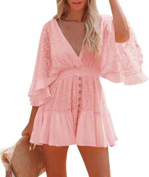 Women's Summer Sexy Elegant Trendy V-Neck Short Sleeve Lace Solid Color Prom Party Cocktail Mini Dresses, S-2XL
