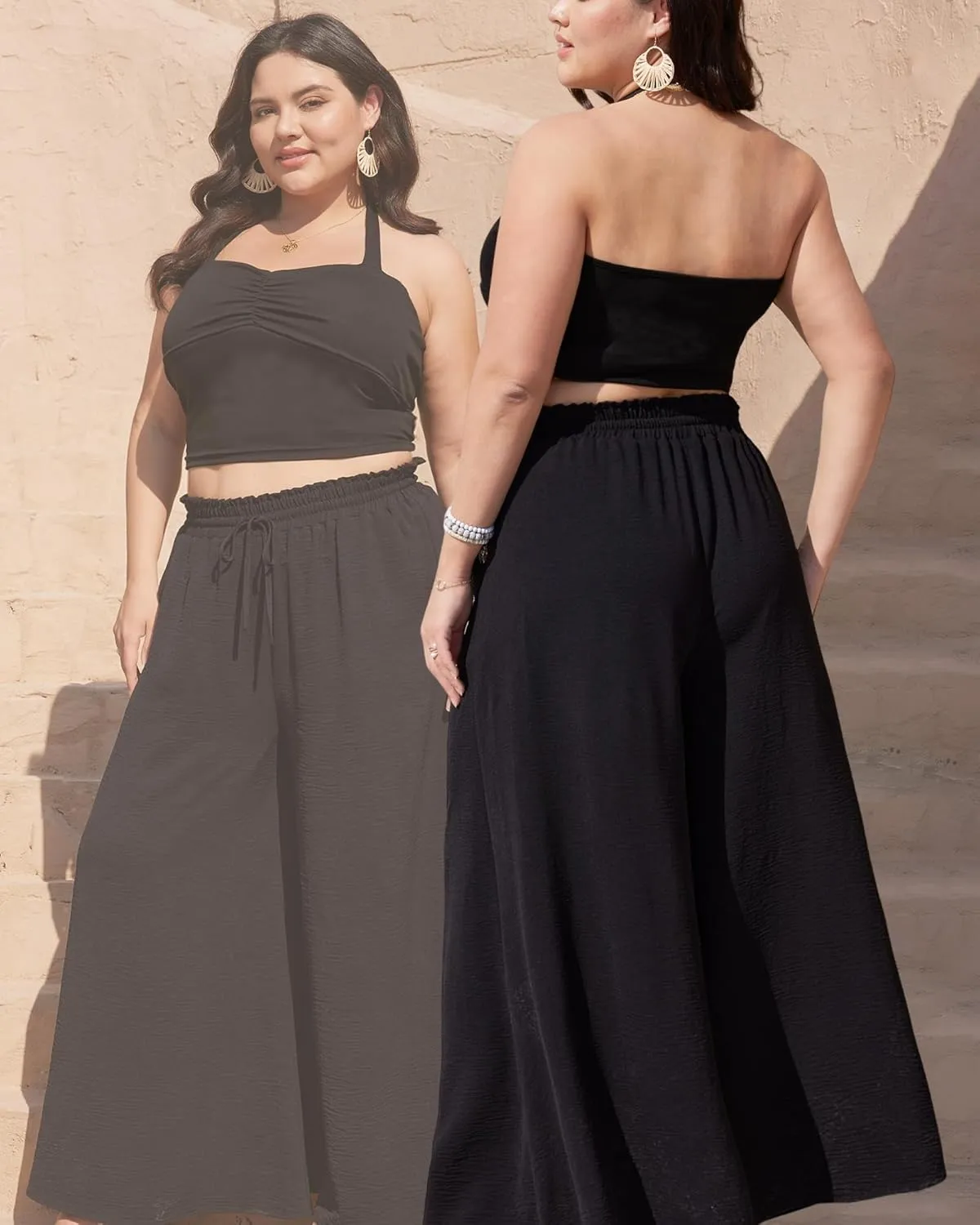 Womens Wide Leg Pants Casual Palazzo Flowy Elastic High Waisted with Pockets Loose Fit Boho Trousers