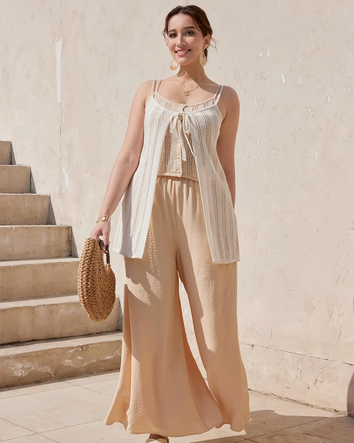 Womens Wide Leg Pants Casual Palazzo Flowy Elastic High Waisted with Pockets Loose Fit Boho Trousers