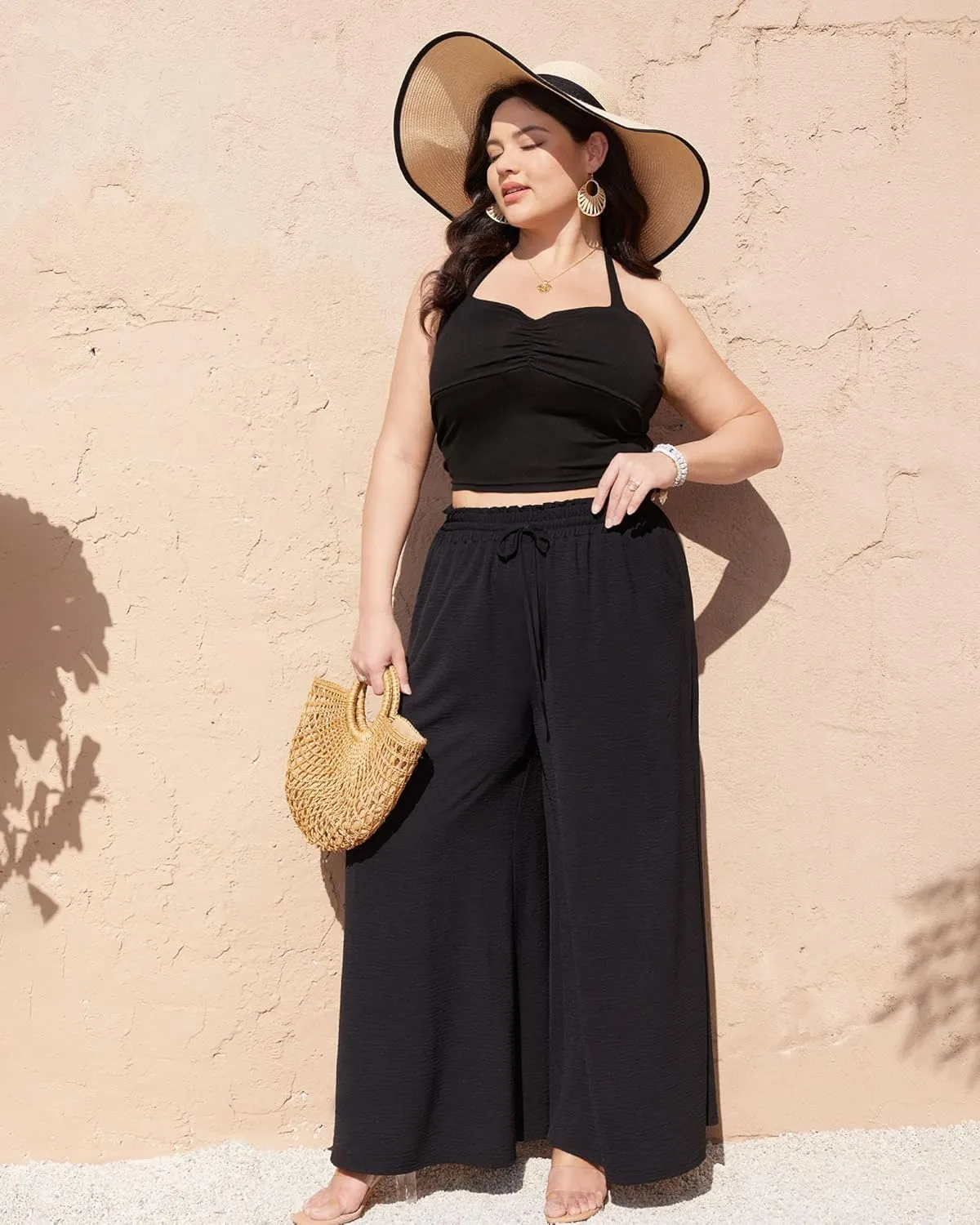 Womens Wide Leg Pants Casual Palazzo Flowy Elastic High Waisted with Pockets Loose Fit Boho Trousers
