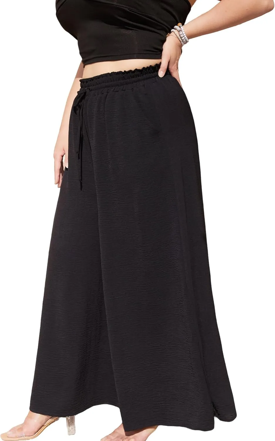 Womens Wide Leg Pants Casual Palazzo Flowy Elastic High Waisted with Pockets Loose Fit Boho Trousers