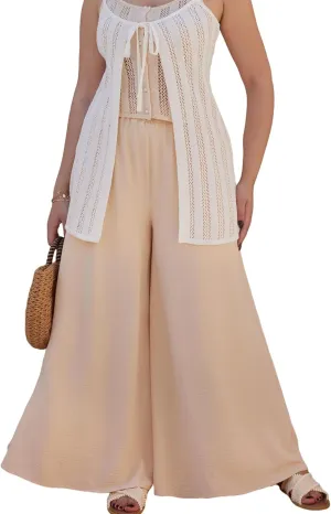 Womens Wide Leg Pants Casual Palazzo Flowy Elastic High Waisted with Pockets Loose Fit Boho Trousers