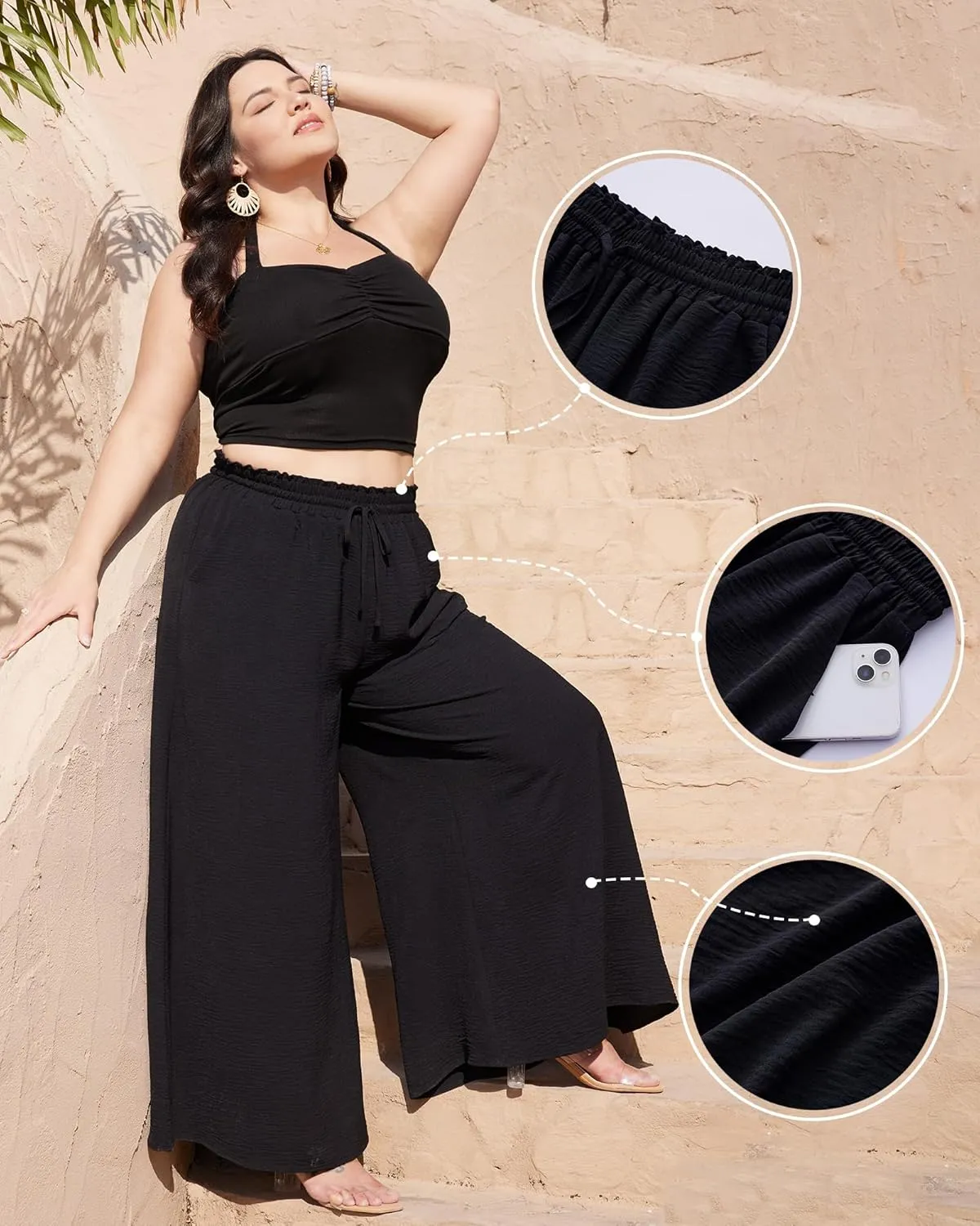 Womens Wide Leg Pants Casual Palazzo Flowy Elastic High Waisted with Pockets Loose Fit Boho Trousers