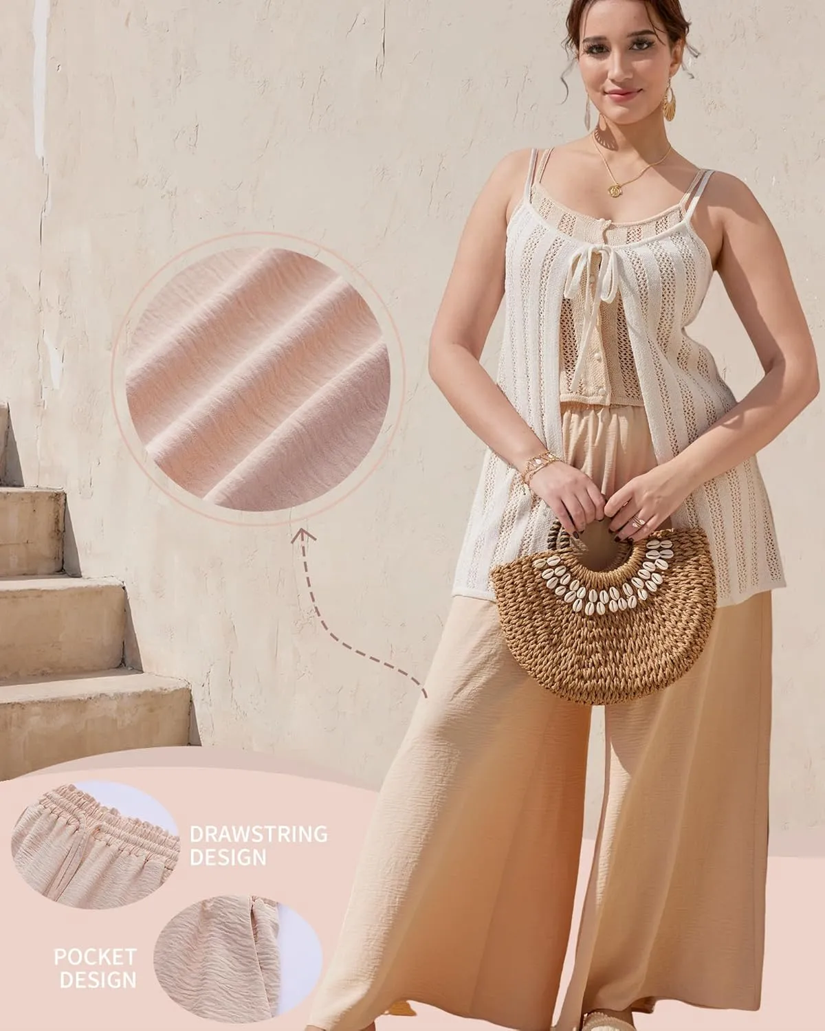Womens Wide Leg Pants Casual Palazzo Flowy Elastic High Waisted with Pockets Loose Fit Boho Trousers